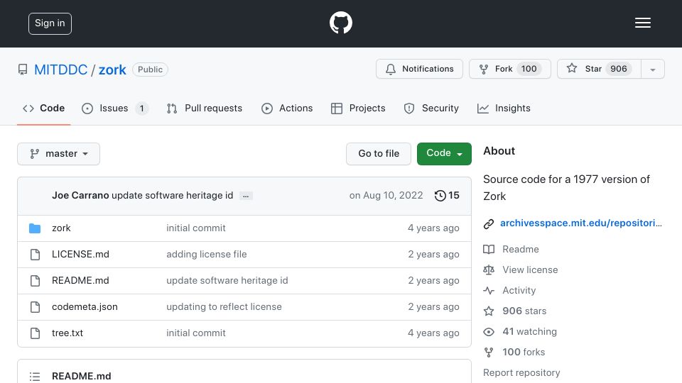 Screenshot of github.com: Source code for a 1977 version of Zork