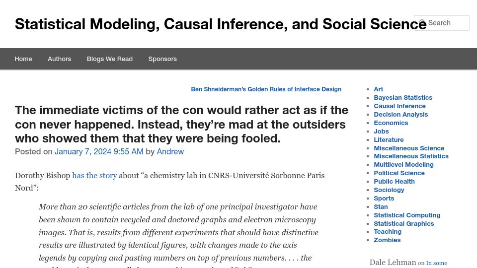 Screenshot of statmodeling.stat.columbia.edu: The immediate victims of a con would rather act as if the con never happened