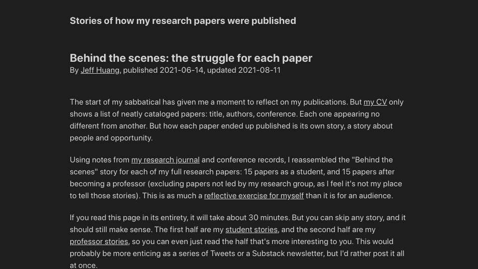 Screenshot of jeffhuang.com: Behind the scenes: the struggle for each paper (2021)