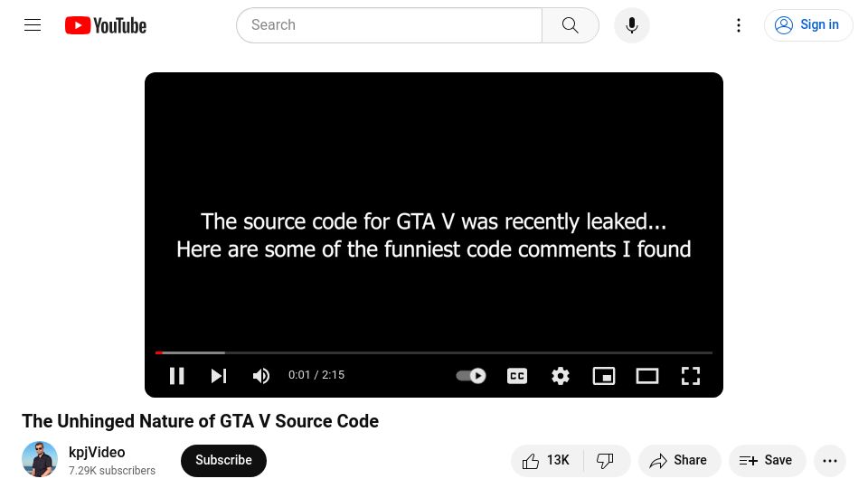 Screenshot of youtube.com: The Unhinged Nature of GTA V Source Code [video]