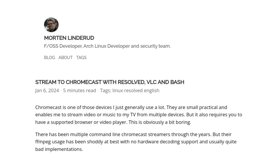 Screenshot of linderud.dev: Stream to Chromecast with resolved, vlc and bash