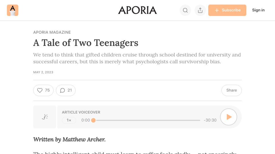 Screenshot of aporiamagazine.com: A tale of two teenagers (2023)