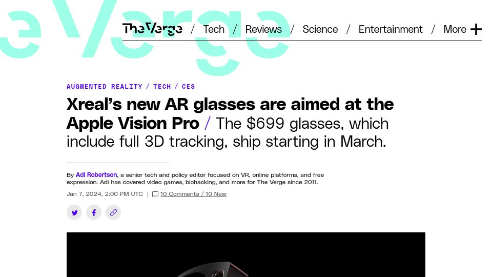 Screenshot of theverge.com: Xreal's new AR glasses are aimed at the Apple Vision Pro