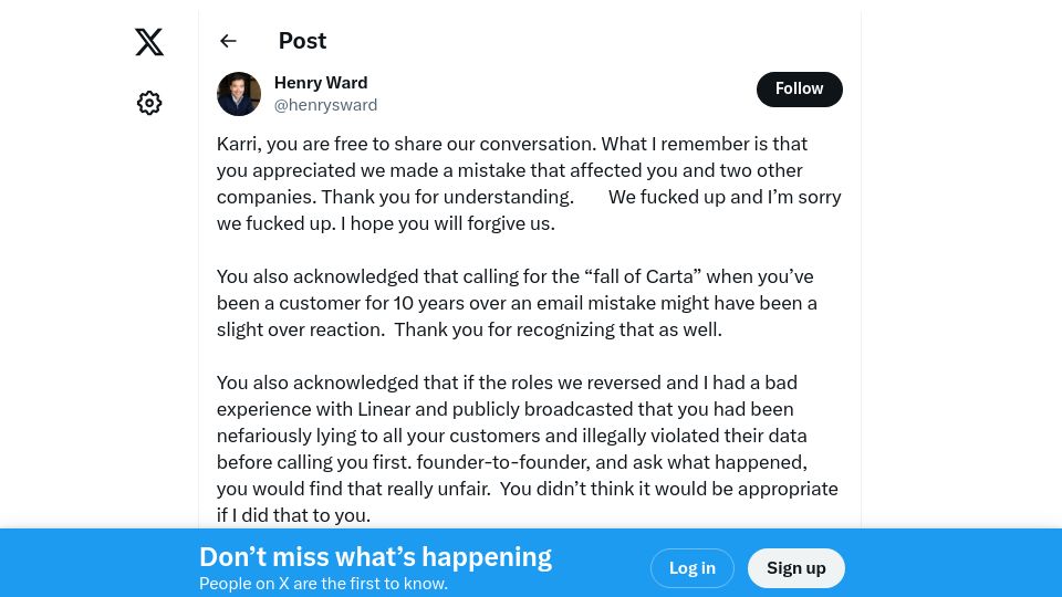 Screenshot of twitter.com: Carta CEO's response to the unsolicited outreach to their customers' investors