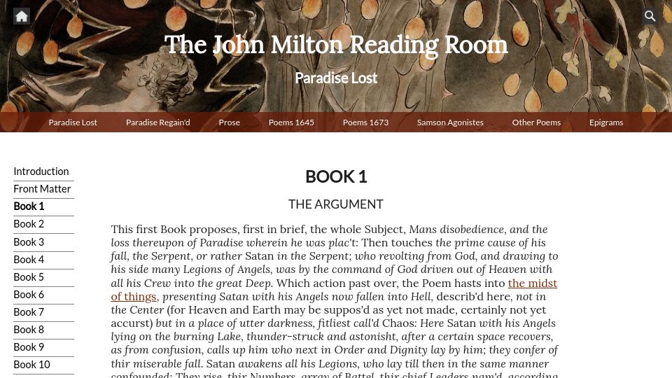 Screenshot of milton.host.dartmouth.edu: Paradise Lost (1667)
