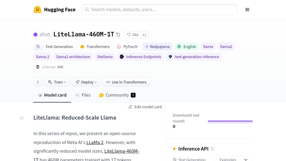 Screenshot of huggingface.co: LiteLlama-460M-1T has 460M parameters trained with 1T tokens