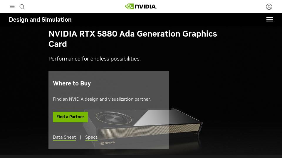 Screenshot of nvidia.com: Nvidia Unveils RTX 5880 Graphics Card with 14,080 CUDA Cores and 48GB VRAM