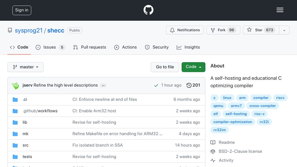 Screenshot of github.com: Shecc: A self-hosting and educational C optimizing compiler
