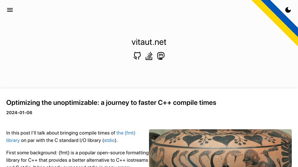 Screenshot of vitaut.net: Optimizing the unoptimizable: a journey to faster C++ compile times