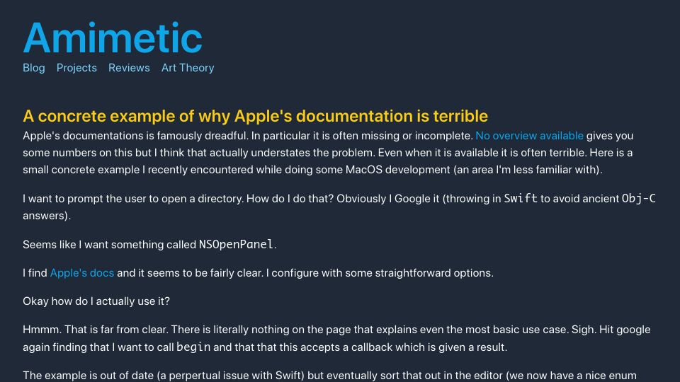 Screenshot of amimetic.co.uk: A concrete example of what goes wrong with Apple's docs