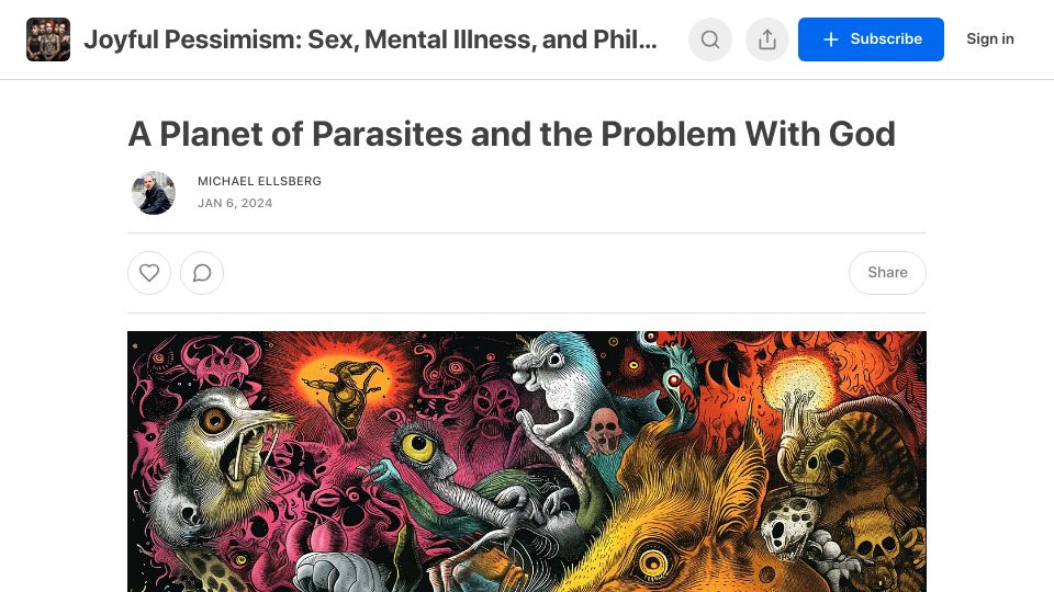 Screenshot of joyfulpessimism.com: A Planet of Parasites and the Problem with God