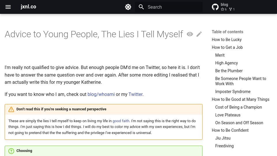 Screenshot of jxnl.github.io: Advice to young people, the lies I tell myself