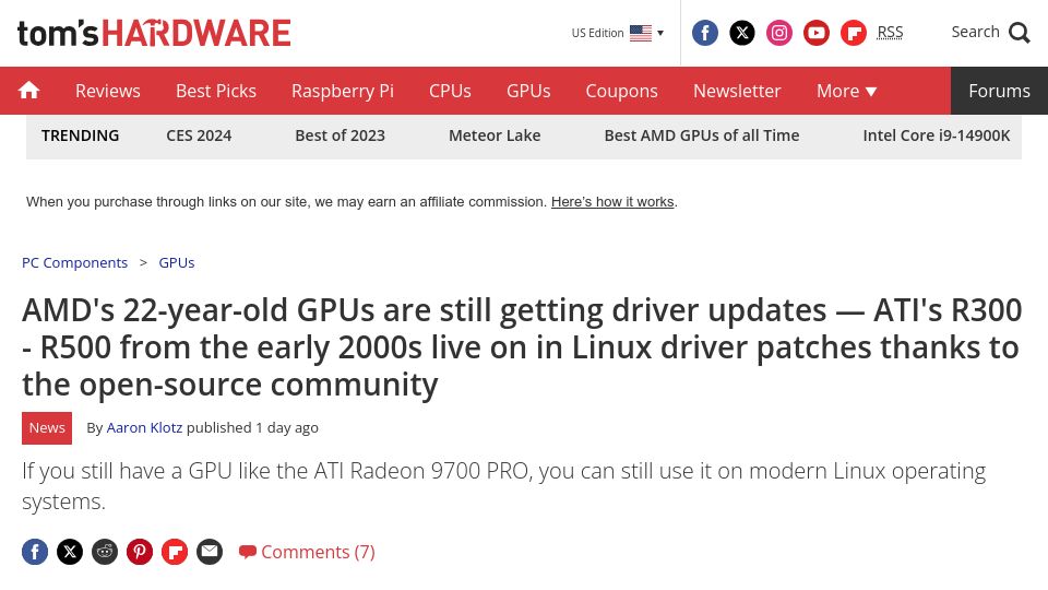 Screenshot of tomshardware.com: AMD's 22-year-old GPUs still getting driver updates thanks to the FOSS community