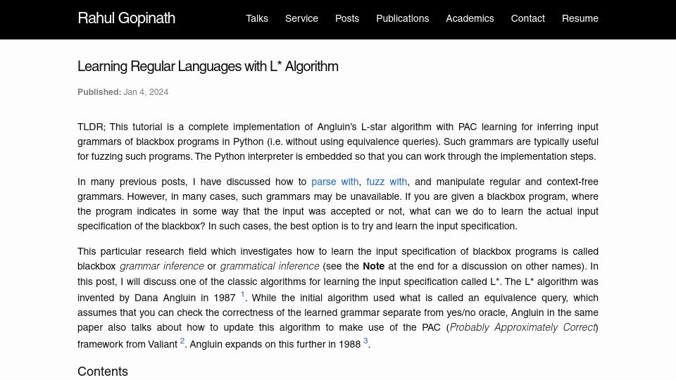 Screenshot of rahul.gopinath.org: Learning Regular Languages with L* Algorithm