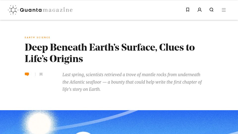 Screenshot of quantamagazine.org: Deep beneath earth's surface, clues to life's origins