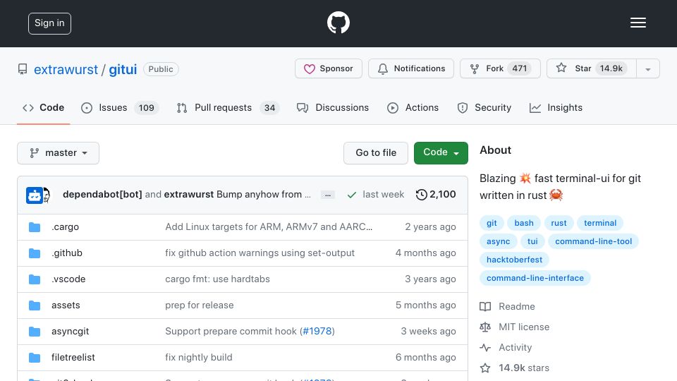 Screenshot of github.com: GitUI