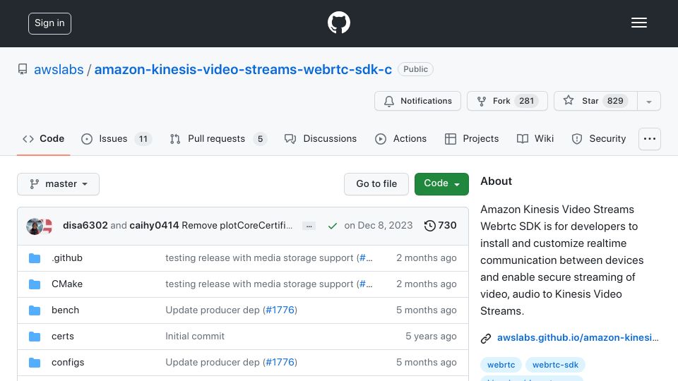 Screenshot of github.com: Pure C WebRTC