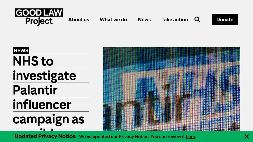 Screenshot of goodlawproject.org: NHS to investigate Palantir influencer campaign as possible contract breach