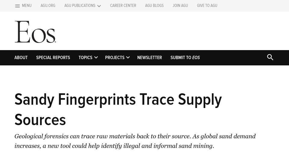 Screenshot of eos.org: Sandy Fingerprints Trace Supply Sources