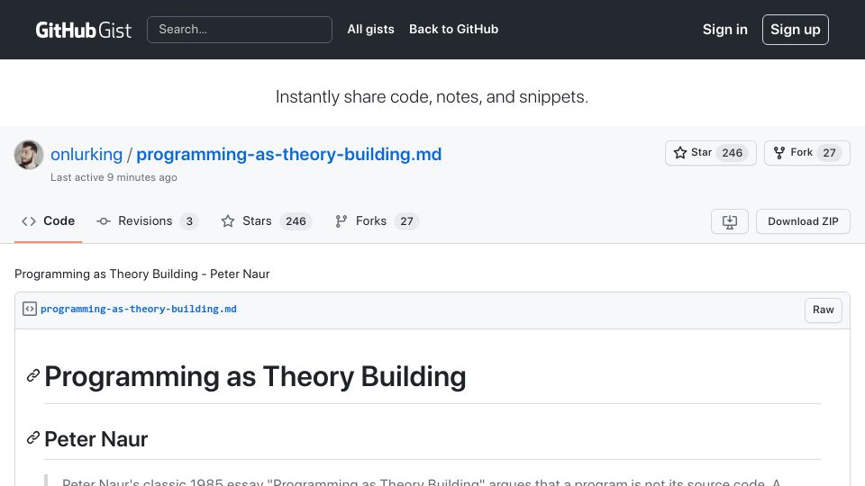 Screenshot of gist.github.com: Programming as Theory Building (1985)