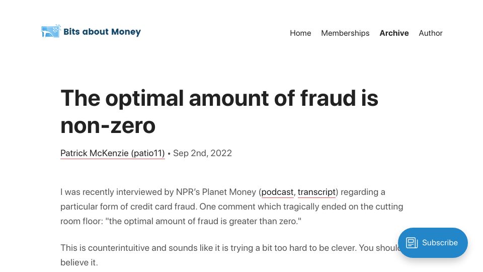 Screenshot of bitsaboutmoney.com: The optimal amount of fraud is non-zero (2022)
