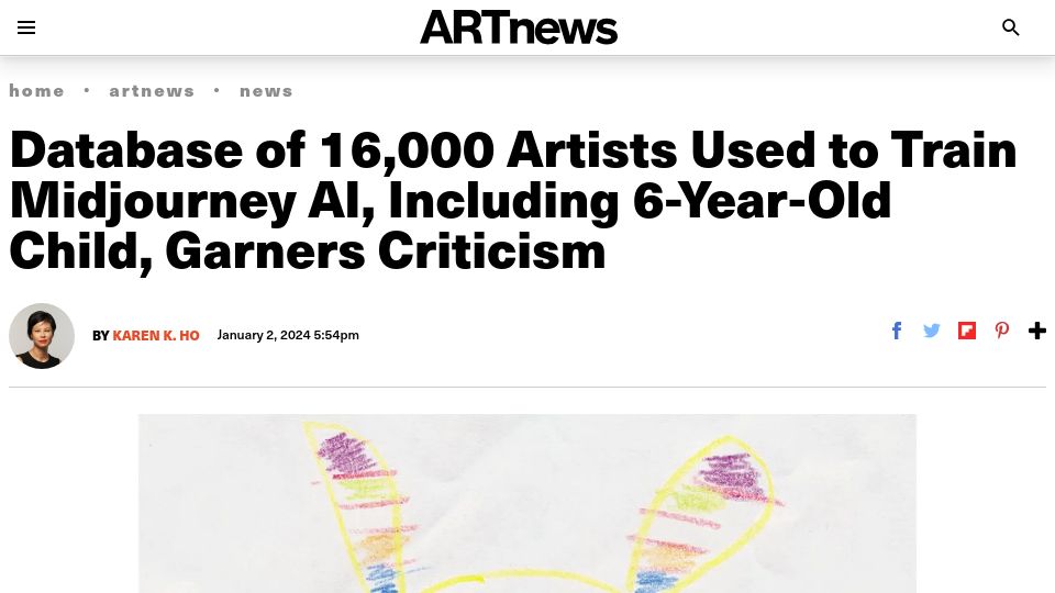 Screenshot of artnews.com: Database of 16,000 Artists Used to Train Midjourney AI Goes Viral