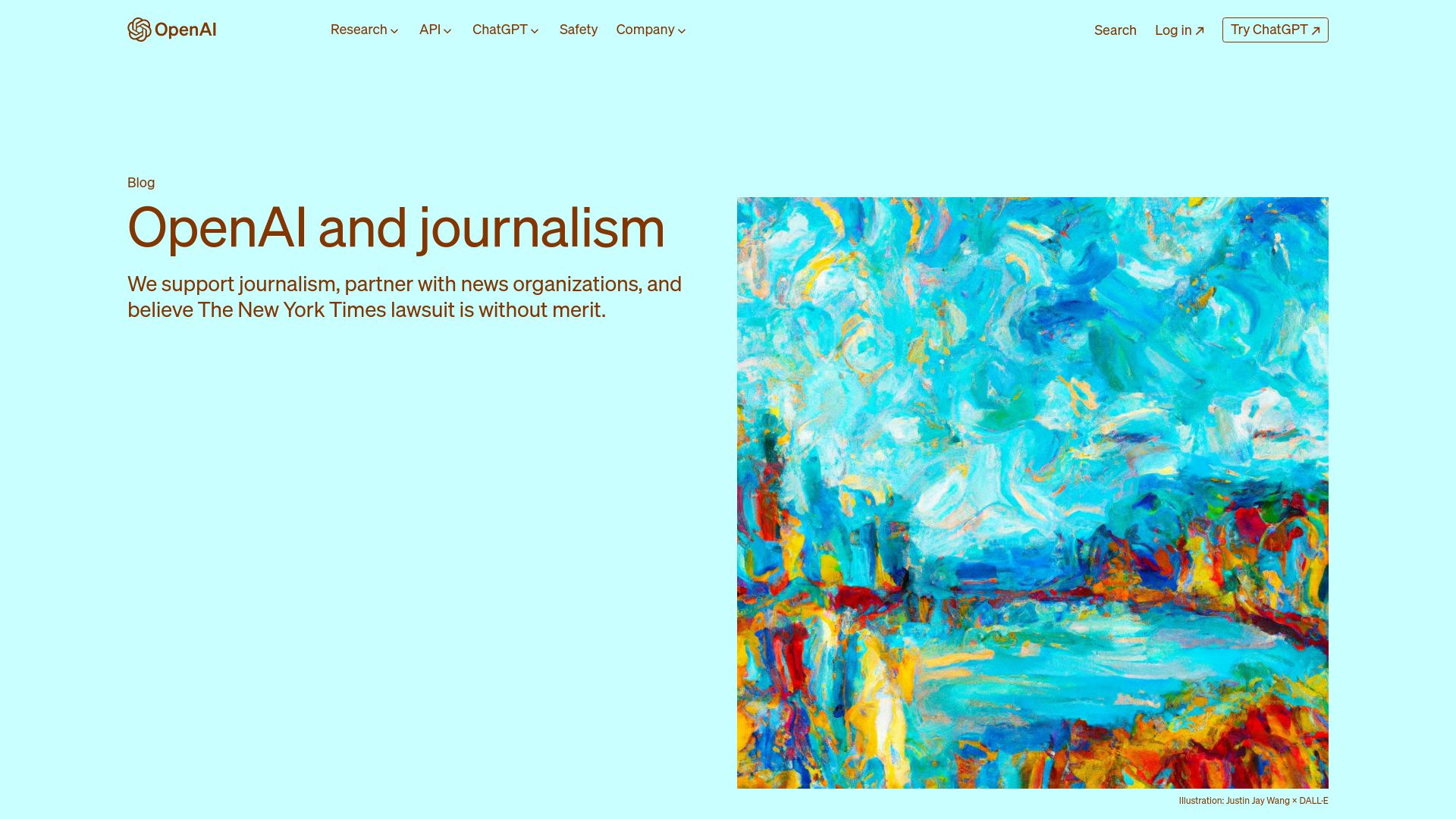 Screenshot of openai.com: OpenAI and Journalism