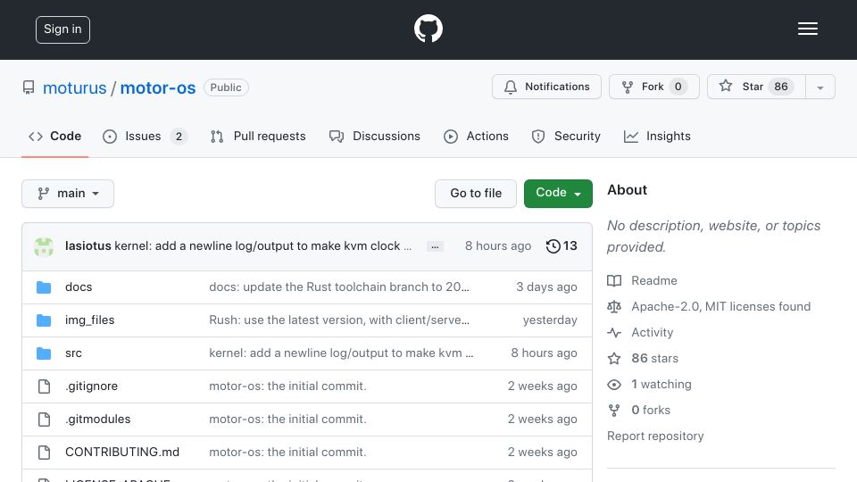 Screenshot of github.com: MotorOS: a Rust-first operating system for x64 VMs