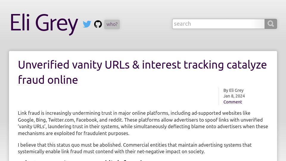 Screenshot of eligrey.com: Unverified vanity URLs and interest tracking catalyze fraud online