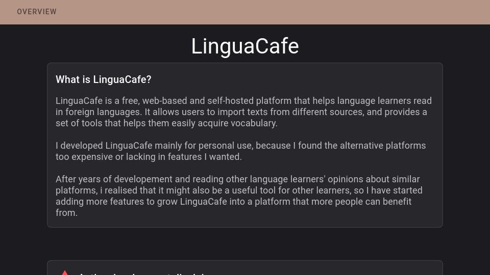 Screenshot of simjanos-dev.github.io: LinguaCafe: Self-hosted software for language learners to read foreign languages