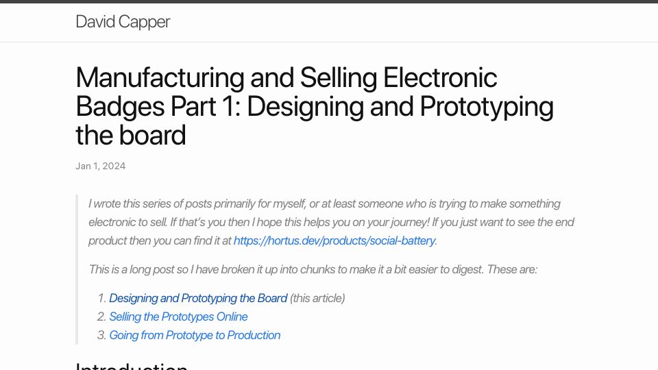 Screenshot of davidcapper.dev: Designing, manufacturing, and selling an LED 'social battery' pin badge