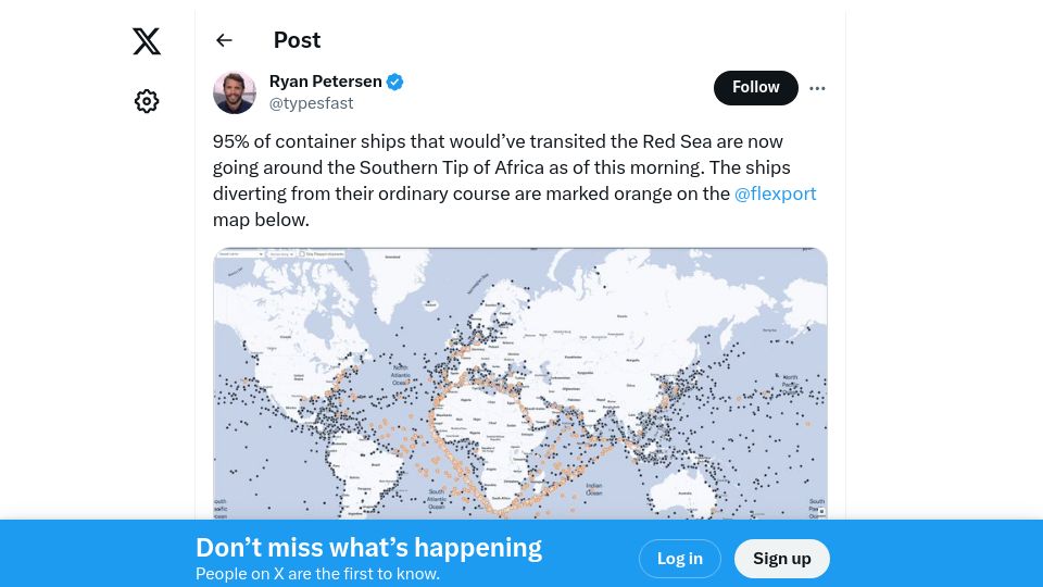 Screenshot of twitter.com: 95% of container ships are now going around the Southern Tip of Africa