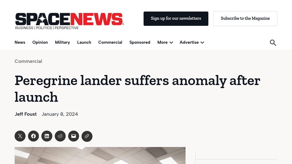 Screenshot of spacenews.com: Peregrine moon lander suffers anomaly after launch