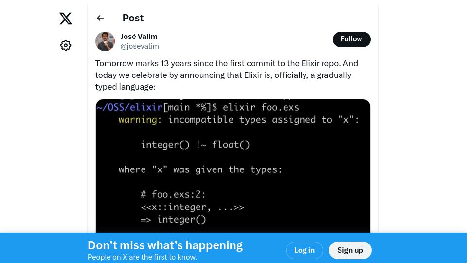 Screenshot of twitter.com: Elixir is now a gradually typed language