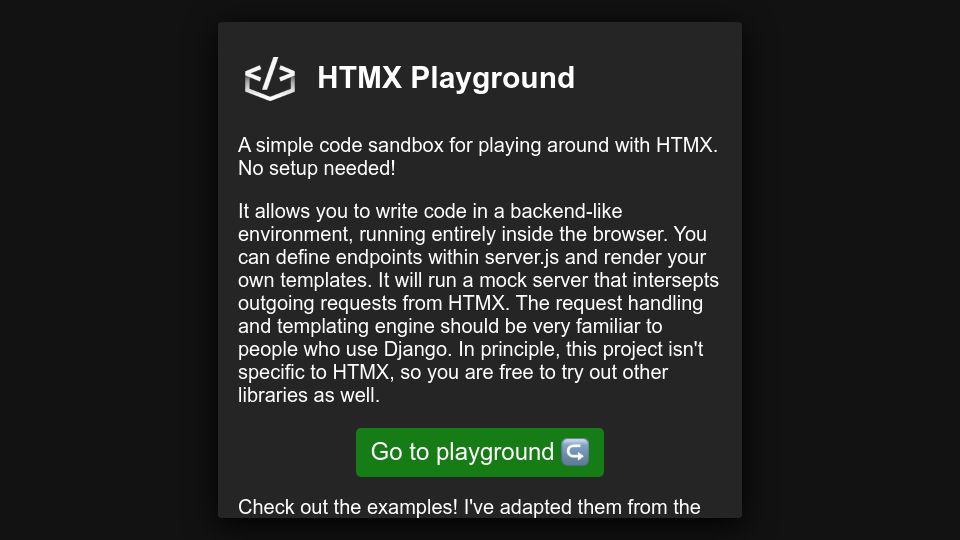 Screenshot of lassebomh.github.io: Show HN: I made a HTMX Playground 100% in the browser
