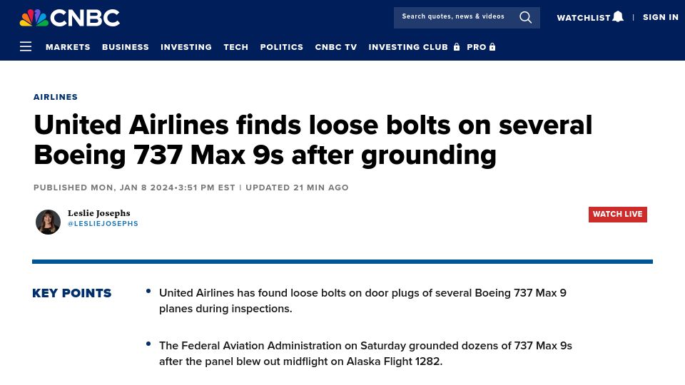 Screenshot of cnbc.com: United Airlines inspections find loose bolts on several 737 Max 9 aircraft