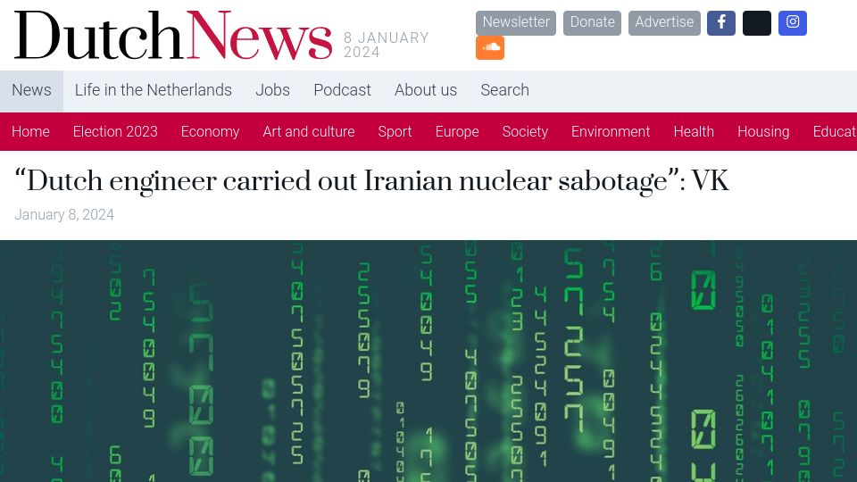 Screenshot of dutchnews.nl: "Dutch engineer carried out Iranian nuclear sabotage": VK