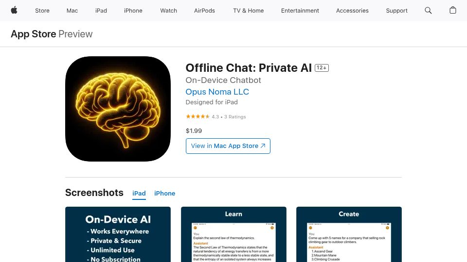 Screenshot of apps.apple.com: I made an app that runs Mistral 7B 0.2 LLM locally on iPhone Pros