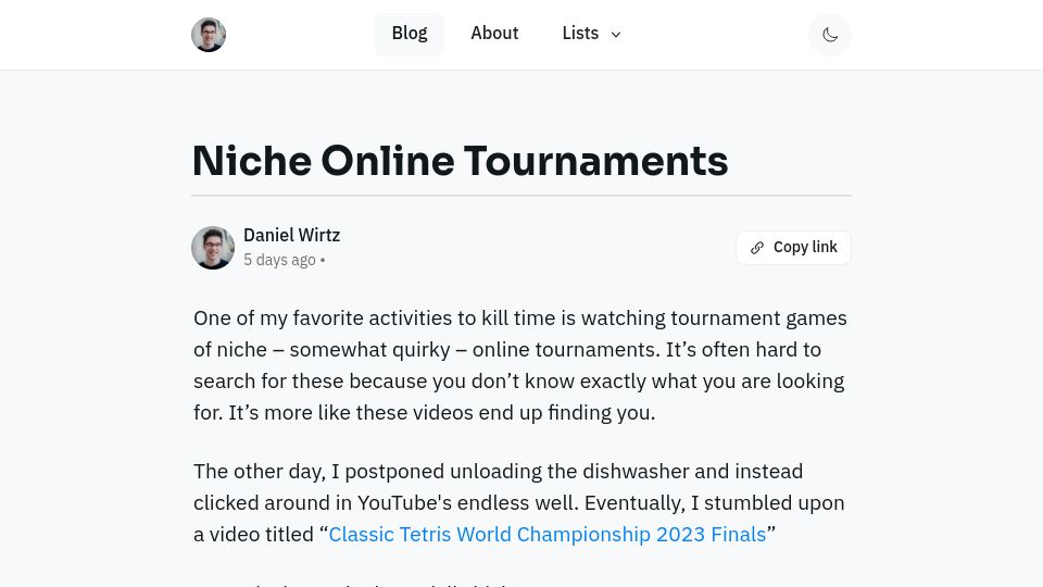 Screenshot of danielwirtz.com: Niche Online Tournaments