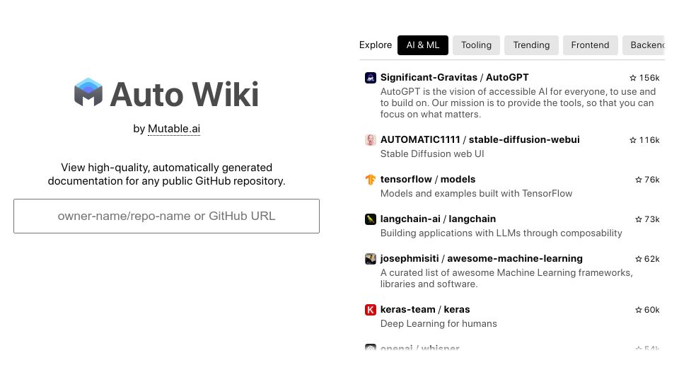 Screenshot of wiki.mutable.ai: Show HN: Auto Wiki – Turn your codebase into a Wiki