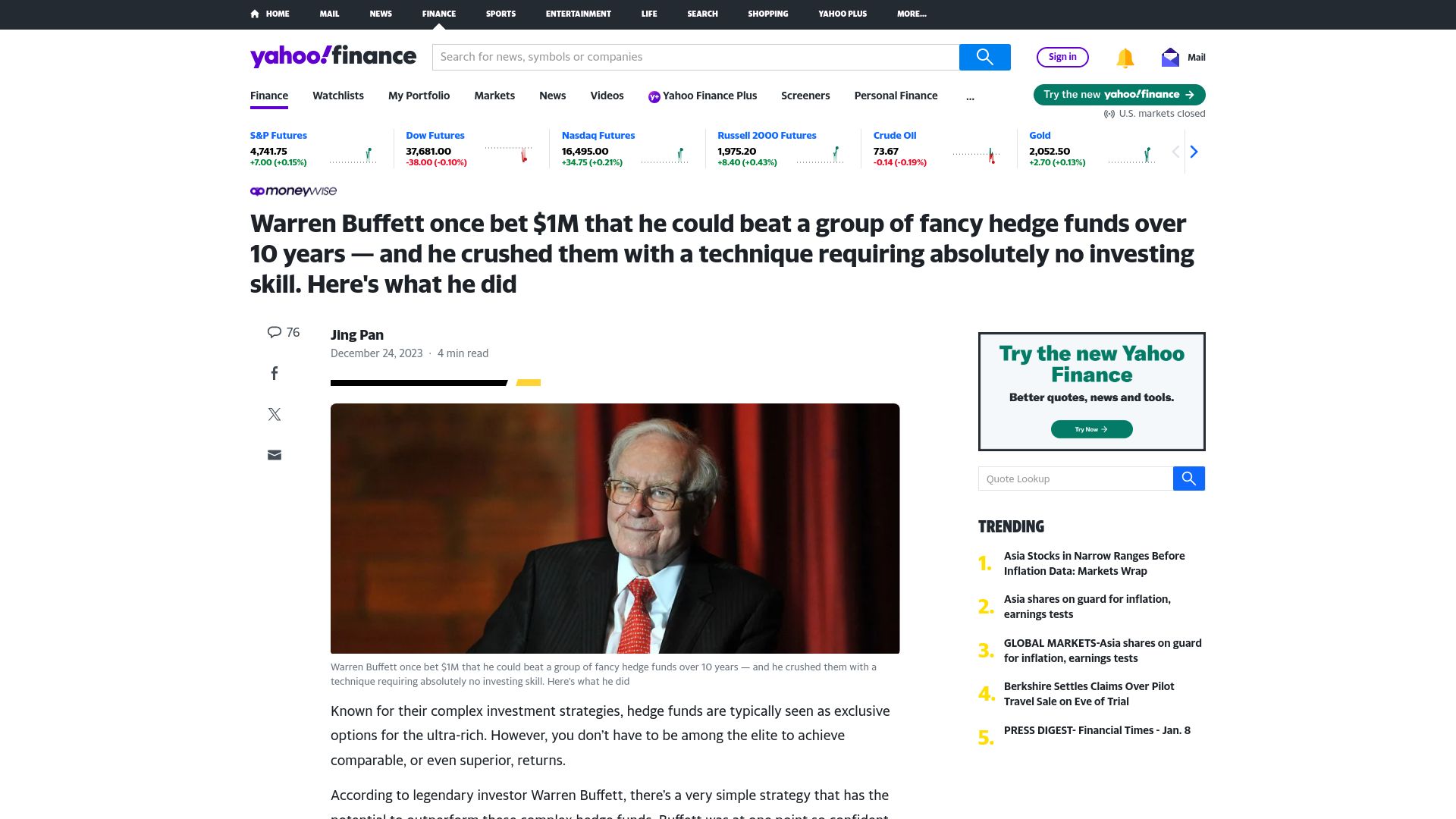 Screenshot of finance.yahoo.com: Buffett once bet $1M that he could beat a group of hedge funds over 10 years
