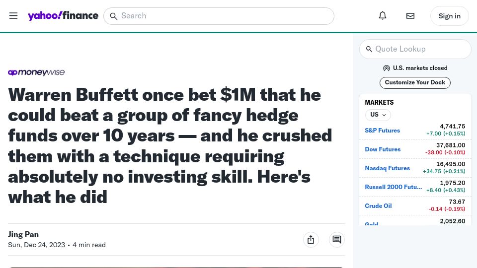 Screenshot of finance.yahoo.com: Buffett once bet $1M that he could beat a group of hedge funds over 10 years