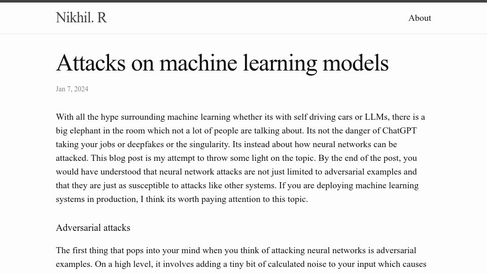 Screenshot of rnikhil.com: Attacks on machine learning models