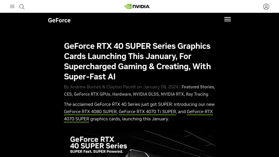 Screenshot of nvidia.com: New GeForce RTX 4080 Super, RTX 4070 Ti Super, RTX 4070 Super