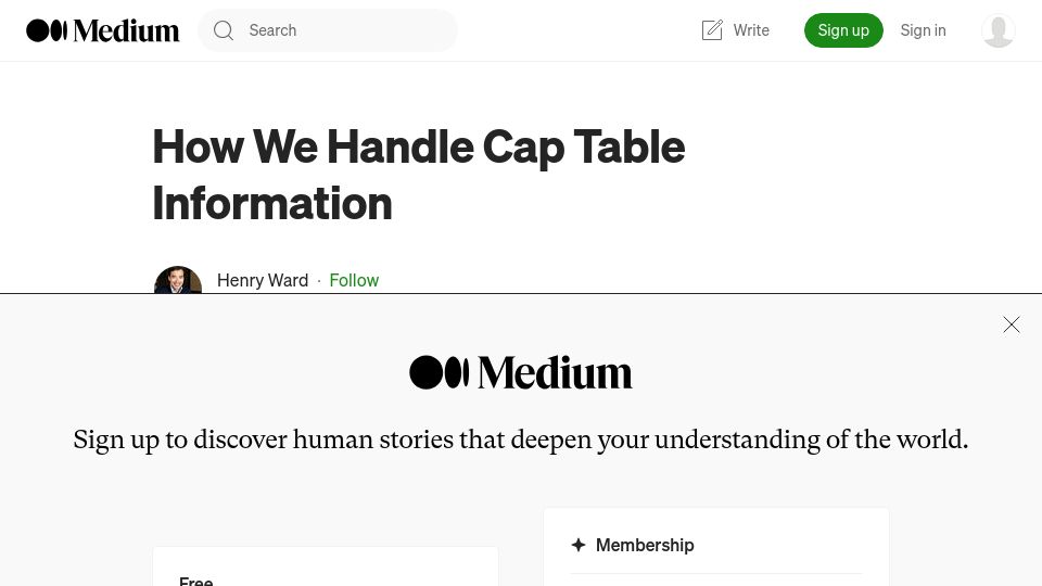Screenshot of henrysward.medium.com: How We Handle Cap Table Information