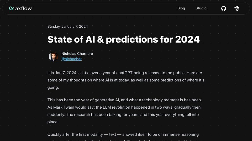 Screenshot of axflow.dev: My 2024 AI Predictions