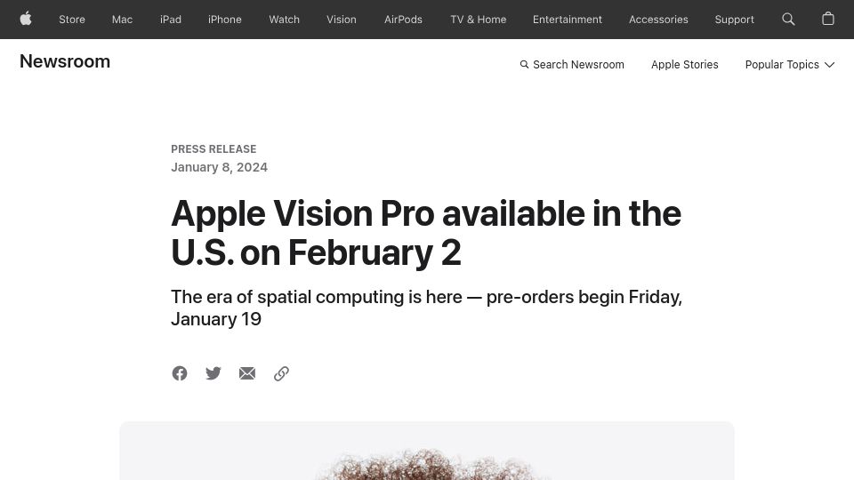 Screenshot of apple.com: Apple Vision Pro available in the U.S. on February 2