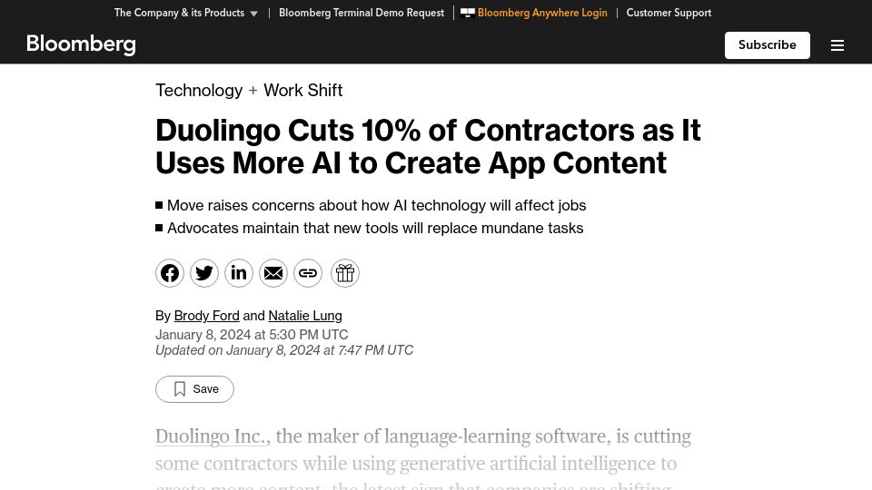 Screenshot of bloomberg.com: Duolingo Cuts 10% of Contractors as It Uses More AI to Create App Content