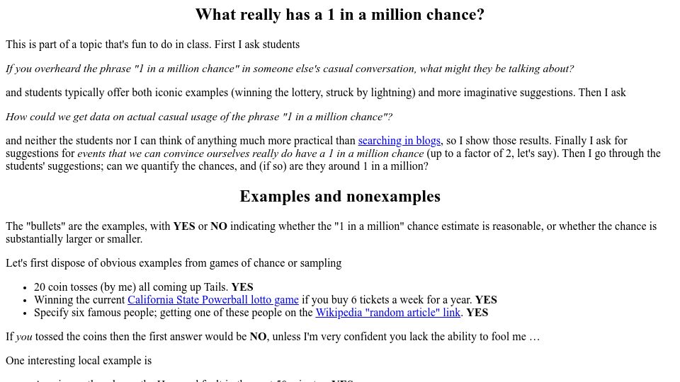 Screenshot of stat.berkeley.edu: What has a 1 in a million chance? (2010)