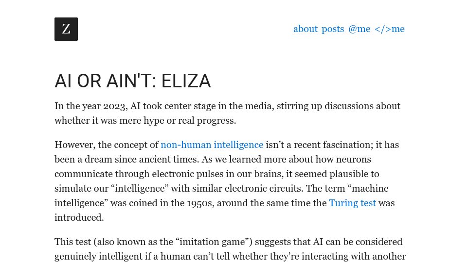 Screenshot of zserge.com: AI or Ain't: Eliza